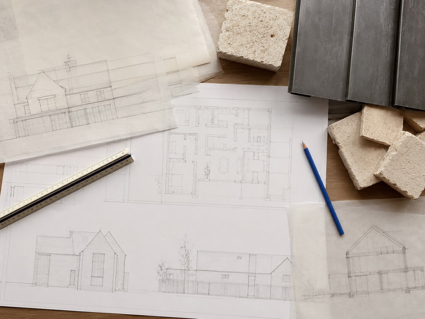 Architectural plans and material samples on a studio table